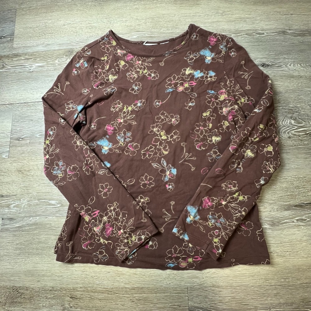 Unbranded Floral Long Sleeve Top Women M Brown Sketch Print Crewneck Casual Tee